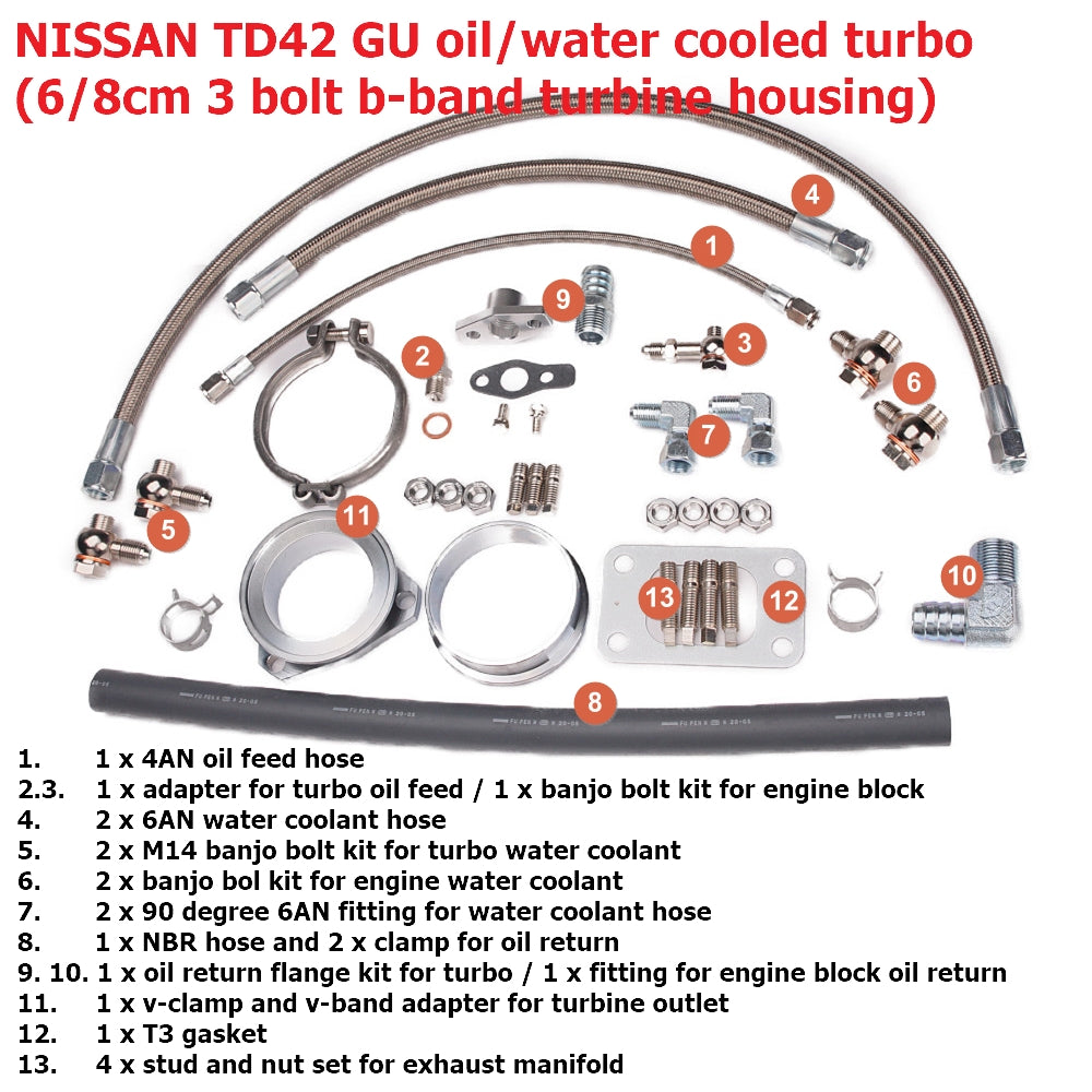 Kinugawa Turbo Ball Bearing 3" Anti-Surge TD05H-18G 6cm DTS 3-Bolt 3" V-Band for Nissan Patrol TD42 Low Mount Water-Cooled