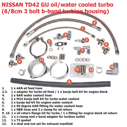Kinugawa Turbo ボールベアリング3"反サージTD05H-16G6cm T3 3"Vバンド日産のパトロールTD42GU GR Gqの低い台紙水冷却される